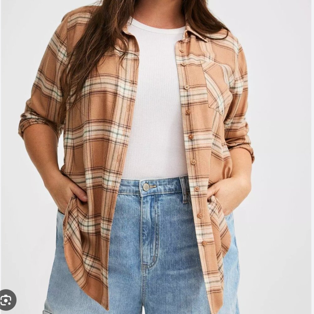 Torrid Lizzie Long Sleeve Tunic Flannel Shirt Anna Plaid Tan- Size 2
